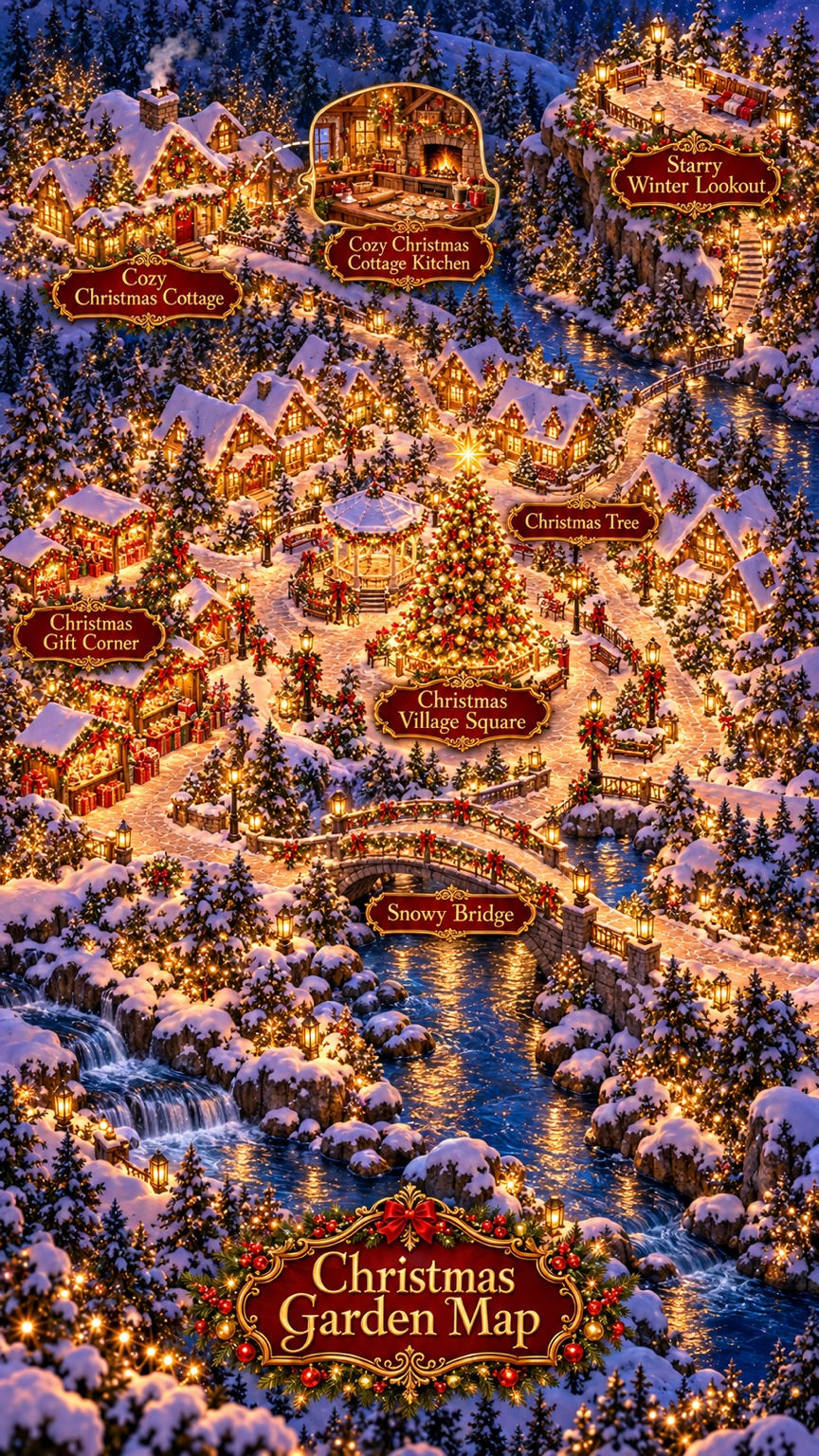 An illustrated snowy Christmas Garden with seven named landmarks. Choose a plaque on the map or a location in the list to read its devotional.