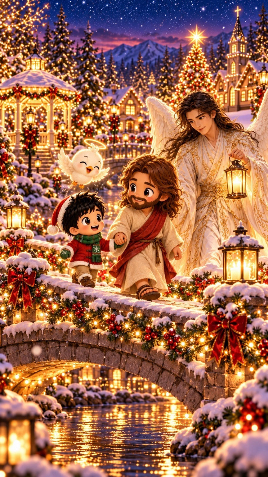 Snowy Bridge in the illustrated Christmas Garden